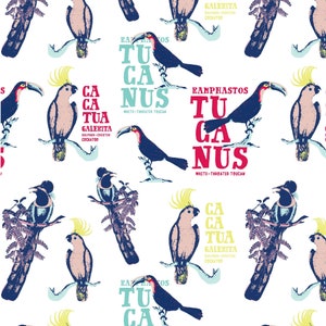 May include: A seamless pattern featuring colorful illustrations of toucans and cockatoos. The toucans are depicted with their beaks open, while the cockatoos have bright yellow crests. The pattern is set against a white background and includes the text "Ramphastos Tucanus White-throated Toucan" and "Galerita Sulphur-crested Cockatoo".