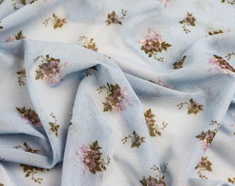 Ditsy Power Mesh Fabric – Baby Blue Floral 90gsm | 4-Way Stretch Net | 160cm Wide | Sheer Breathable Fabric for Dancewear, Lingerie