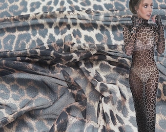 Leopard Print Power Mesh Fabric, Sheer Stretch Animal, Lightweight Dress & Lingerie Fabric, Breathable Mesh by the Metre in Blue Red Green