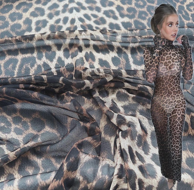 Leopard Power Mesh Fabric | Animal Print Stretchy Sparkle | Polyester Stretch Fabric | Brown Red Blue Green Lilac (FS005)