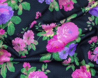 Pink Rose Floral Jacquard Fabric | Textured Jersey Flower Print on Black Ground 2-way Stretch