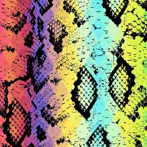 以下が含まれることがあります： 虹色の色、赤、オレンジ、黄色、緑、青、紫を含む、蛇の皮の質感を持つ抽象的なパターンです。