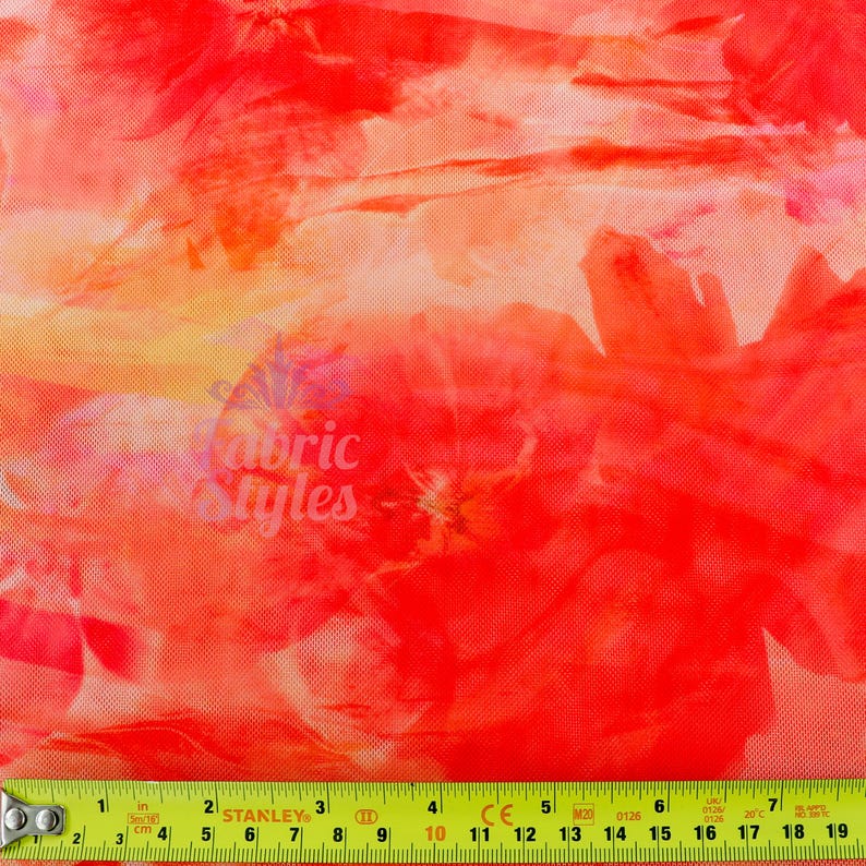 Orange Floral Power Mesh Fabric | Lightweight 90gsm 4-Way Stretch Net 160cm Wide