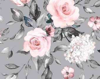 Tela floral gris, tela con estampado de rosas rosa rubor, tela botánica acuarela, tela para vestidos vintage, jersey elástico por metro.