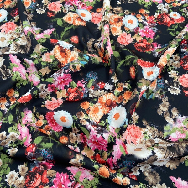 FS536 Black Floral Flower Print on High Quality Dress Making Jersey Stretchy Scuba Fabric - (Sold Per Metre)