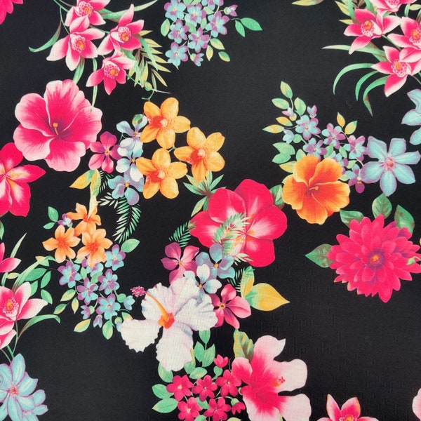 Floral Jersey Fabric | Black Flower Print | Spun Polyester Elastane Spandex | Thin Stretchy Dressmaking | Sold Per Metre [FS570]