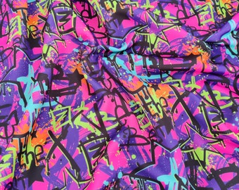 Neon Graffiti Fabric, Urban Street Art Fabric, Colourful Abstract Graphic Fabric, Hip Hop Fabric, Stretch Jersey by the Metre