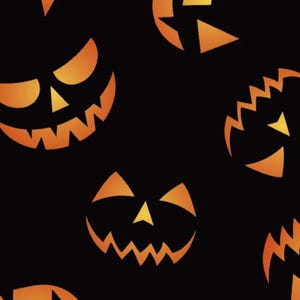 May include: A repeating pattern on a black background featuring multiple jack-o'-lantern faces. Each face is rendered in a gradient of orange and yellow, displaying triangular eyes, a triangular nose, and a jagged, toothy grin in various styles.