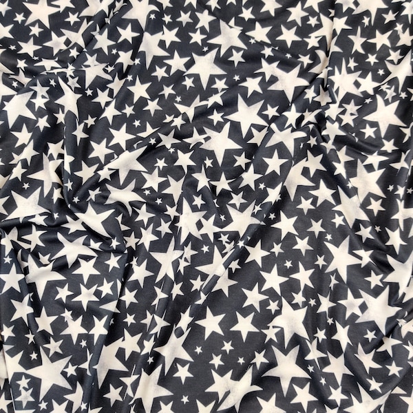 FS414_1 White Big & Small Stars Print on High Quality Dress Making Jersey Stretchy Thin Soft Spun Polyester Elastane Fabric - Sold Per Metre