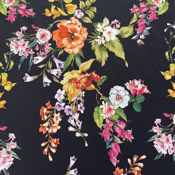 FS950 Embelia Floral Flower Print on High Quality Dress Making Jersey Stretchy Scuba Crepe Knit Fabric - (Sold Per Metre)