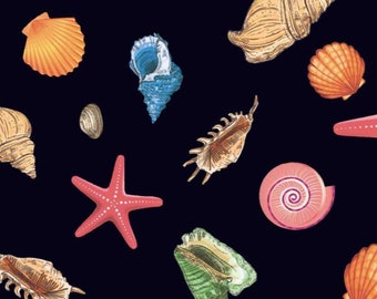 Seashell Fabric, Starfish Ocean Print Fabric, Beach Coastal Fabric, Summer Sea Life Fabric, Stretch Jersey Dress Fabric by the Metre