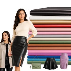 May include: A collection of faux leather skirts and jackets in various colours including black, white, gold, red, pink, grey, beige, green, brown, blue, and purple, alongside a light green handbag and a black flared skirt.