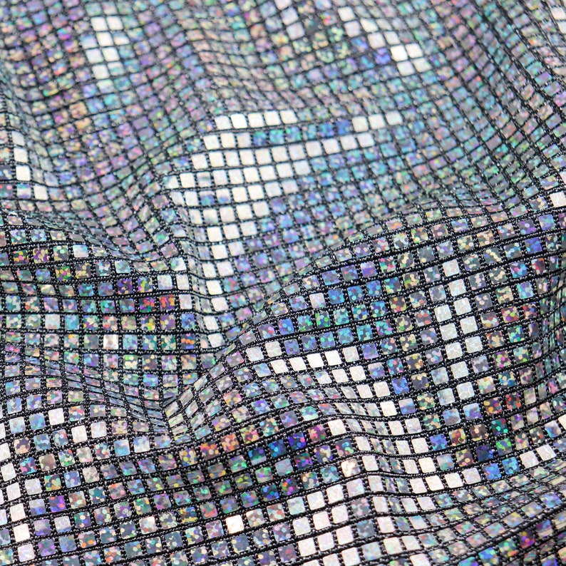 Silver Holographic Square Sequin Stretch Lurex Fabric, Mirror Ball Fabric, Disco Fabric, Dance Costume Fabric, Festival Fabric Silver