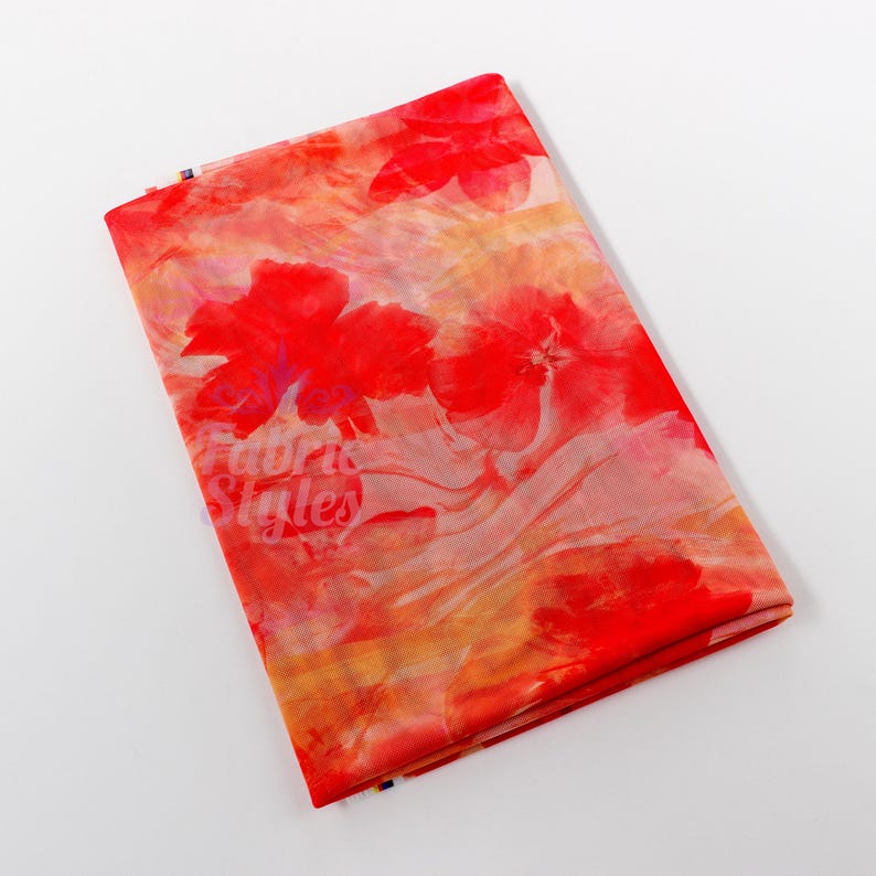Orange Floral Power Mesh Fabric | Lightweight 90gsm 4-Way Stretch Net 160cm Wide