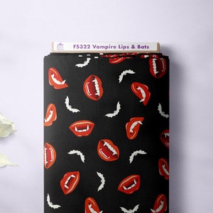 Vampire Teeth Fabric | Halloween Theme Festive Print with Bats | Scuba Jersey Spandex 2 Way Stretch Fabric | Sold Per Metre | FS322