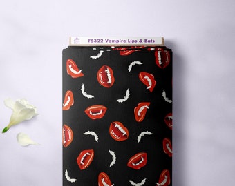 Vampire Teeth Fabric | Halloween Theme Festive Print with Bats | Scuba Jersey Spandex 2 Way Stretch Fabric | Sold Per Metre | FS322
