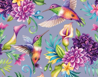 Hummingbird Floral Fabric, Tropical Bird Flower Print Fabric, Colourful Botanical Fabric, Stretch Jersey Dress Fabric by the Metre