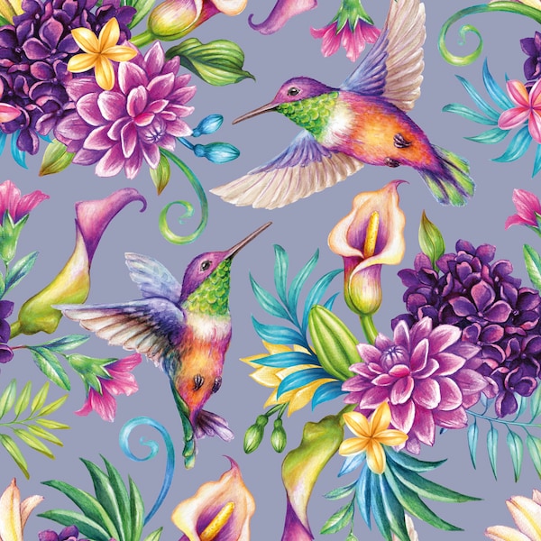 FS1006 Humming Bird Floral Flowers Print on High Quality Dress Making Jersey Stretchy Scuba Knit Fabric - (Sold Per Metre)