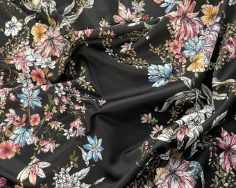 FS831 Black Floral Flower Print on Premium Dress Making Jersey Stretchy Scuba Fabric - (Sold Per Metre)