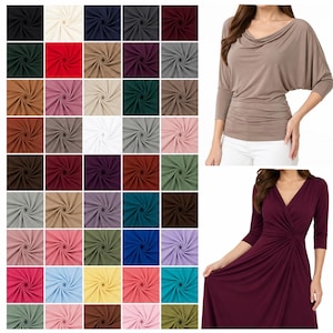 May include: A collection of fabric swatches in forty different solid colors displayed in a grid, alongside a beige cowl-neck top with three-quarter sleeves and a dark burgundy wrap dress with three-quarter sleeves and a gathered waist detail.