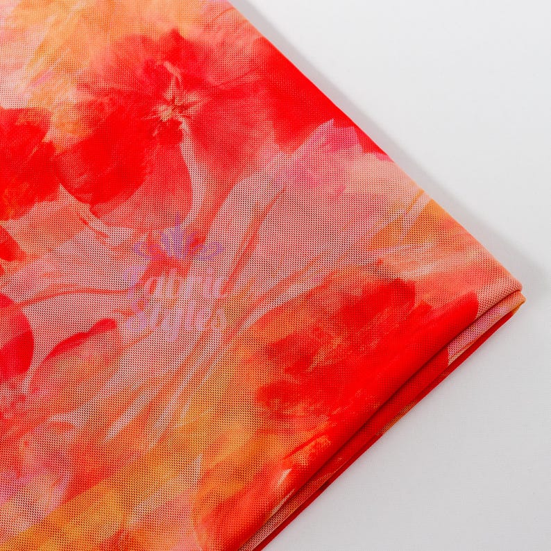 Orange Floral Power Mesh Fabric | Lightweight 90gsm 4-Way Stretch Net 160cm Wide