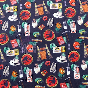May include: A black fabric featuring a repeating pattern of Jurassic Park themed icons including red dinosaur logos, white fedoras, dinosaur eggs, danger signs reading 10,000 volts, walkie-talkies, binoculars, and wooden gate structures.