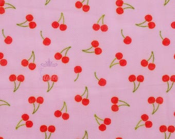 Tela de malla Cherries Power – Cereza rosa, 90 g/m², malla elástica en 4 direcciones, 160 cm de ancho, tela transpirable y transparente para ropa de baile y lencería.