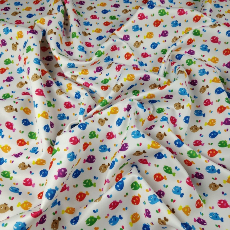 FS251 Multicolour Fish Conversational Print on High Quality Jersey Stretchy Scuba Fabric Sold Per Metre
