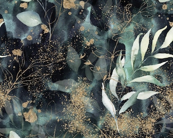 Tela floral con polvo de oro, tela con estampado botánico de hojas metálicas, tela floral oscura de lujo, tela de jersey elástica para vestidos por metro verde