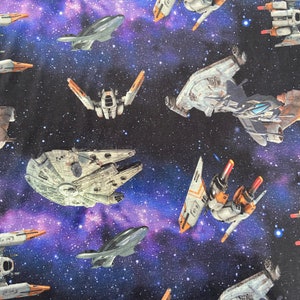 FS794 Galaxy Spaceship Print on High Quality Dress Making Jersey Stretchy Thin Spun Polyester Elastane Jersey Fabric - Sold Per Metre