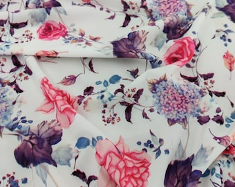 FS754 Ivory Floral Print On High Quality Thin Silky Fabric -  Sold Per Metre