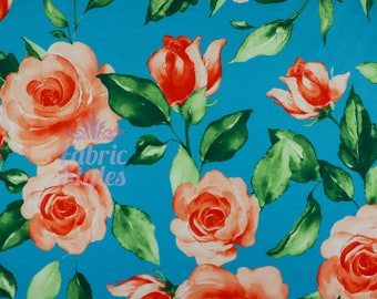 Jerseystof rozemarijn bloemen | Blauwe perzikkleurige bloemenprint rekbare scuba gebreide jurkstof | Verkocht per meter (FS1039)