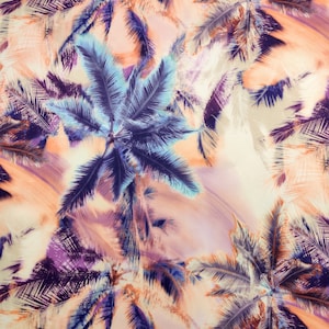 Puede incluir: Una tela vibrante con un patrón de palmeras tropicales. El diseño muestra palmeras en tonos de azul, morado y naranja sobre un fondo suave y difuminado. La estética general recuerda a una puesta de sol o una escena tropical.