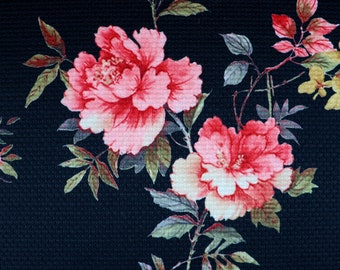 Floral Jersey Jacquard Fabric | Back and Red Flower Stretch Textured Fabric  | Sold Per Metre (FS955)