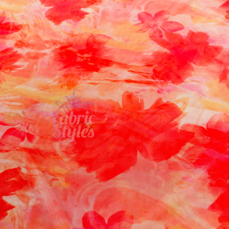 Orange Floral Power Mesh Fabric | Lightweight 90gsm 4-Way Stretch Net 160cm Wide