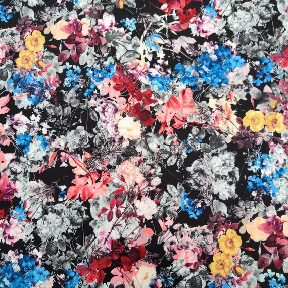 floral polyester dress fabric Blue and Red Floral on Grey Background Printed Polyester Mikado Fabric