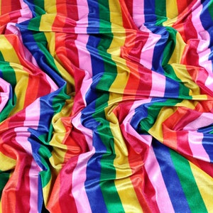 FS366 Rainbow Striped Print On High Quality Jersey Stretch Velvet Fabric -  Sold Per Metre