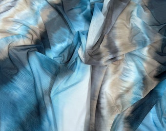 Tela de malla elástica con estampado tie-dye a rayas oceánicas / Confección de vestidos, trajes de baño, ropa deportiva y nupcial / Tela elástica de poliéster (FS1271)