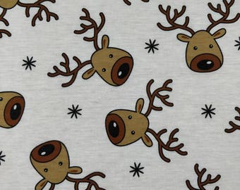 Rudolf Reindeer Fabric - Jersey Spun Polyester Fabric - Xmas Christmas - Ivory Base