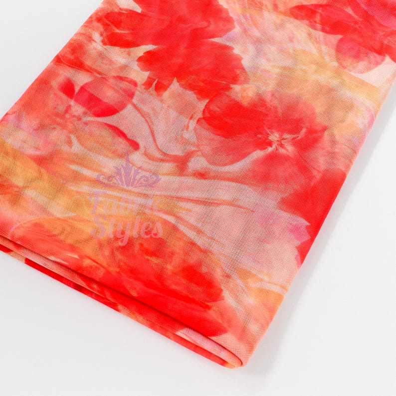 Orange Floral Power Mesh Fabric | Lightweight 90gsm 4-Way Stretch Net 160cm Wide