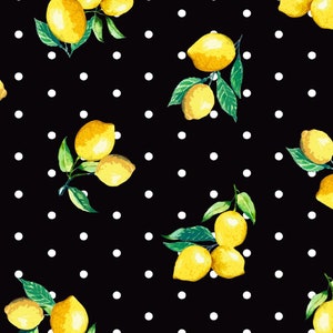 May include: A black fabric pattern featuring a repeating design of bright yellow lemons with green leaves. The lemons are arranged in small clusters and are interspersed with a uniform grid of small, solid white polka dots across the surface.