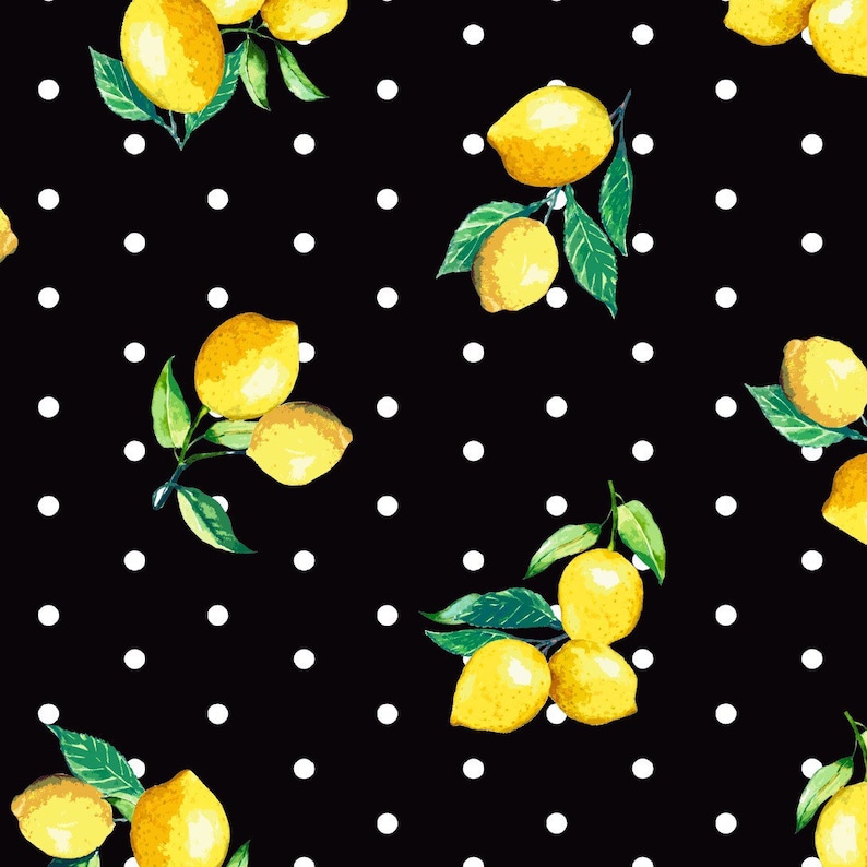 May include: A black fabric pattern featuring a repeating design of bright yellow lemons with green leaves. The lemons are arranged in small clusters and are interspersed with a uniform grid of small, solid white polka dots across the surface.