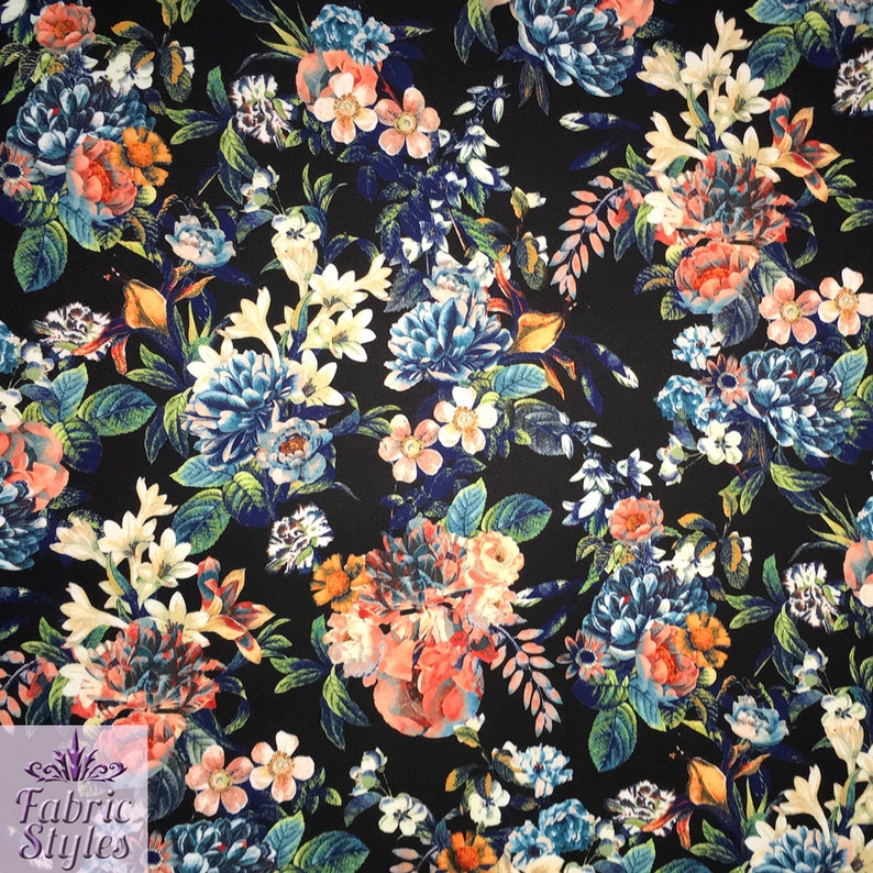 FS065 Floral Print With Black Background on High Quality Jersey Scuba