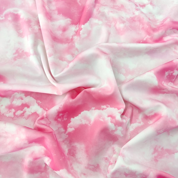 FS113_4 Tie Dye Effect Pink White Clouds Candy Floss Print Jersey Scuba Stretch Fabric Water Splash Effect - (par mètre)