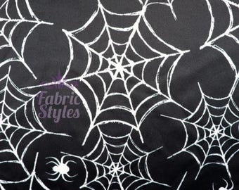 Spider Web Fabric, Halloween Fabric, Black White Spider Print Fabric, Spooky Gothic Fabric, Stretch Jersey Dress Fabric by the Metre