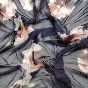 FS221 Navy Floral Print on High Quality Power Mesh Fabric Net Stretch 4 Way Sheer Swimwear Lining Lingerie Bra Fabric - (Sold Per Metre)