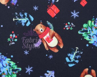 May include: A dark blue fabric with a repeating pattern of brown bears wearing red scarves and holding gifts. The design also includes snowflakes, red gift boxes, and blue and green decorative elements. The fabric has a festive, winter holiday theme.