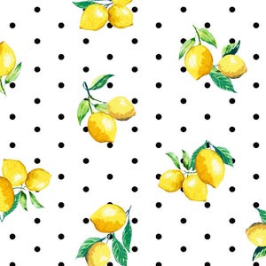FS443_2 Lemon Polka dots White Background Fruit Print on Premium Jersey Stretchy Scuba Fabric - (Sold Per Metre)