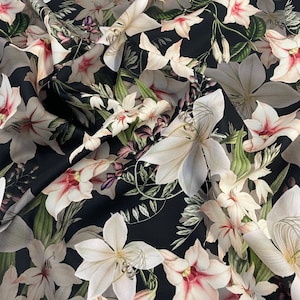 FS314_5 Lily Amaryllis Black Floral Flowers Print on Premium Dress Making Jersey Stretchy Scuba Fabric - (Sold Per Metre)