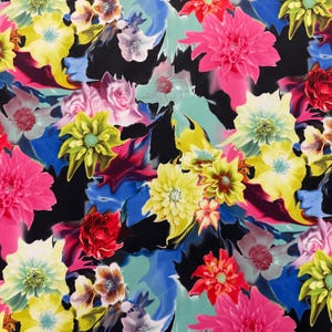 Floral Jersey Fabric - Scuba 2 way stretch dress fabric - Colourful with Pink and Yellow| 147cm width - 240gsm | Dress, Skirts, Leggings